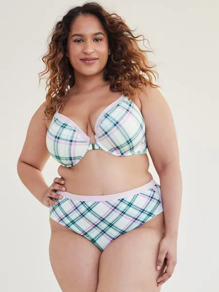 Front Closure Plunge Bra, Plaid Print and Lace Trims - Déesse Collection | Penningtons