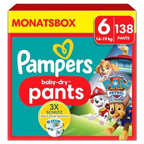 Pampers Windeln Paw Patrol Pants Größe 6 (14-19kg) Baby-Dry, Extra Large mit Stop- und Schutz Täschchen, MONATSBOX, 138 Höschenwindeln