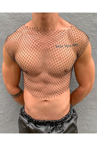 Ciciful Unisex Fishnet Rhinestone Cut Out Round Neck Crop Top