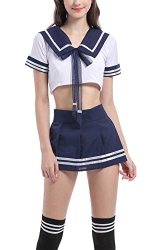 Aurueda Damen Schulmädchen Dessous Matrosenkostüm Cosplay Outfit Frauen Minirock Crop Top mit Oberschenkelhohen Gestreiften Strümpfen Blau und Weiß, Größe Onesize