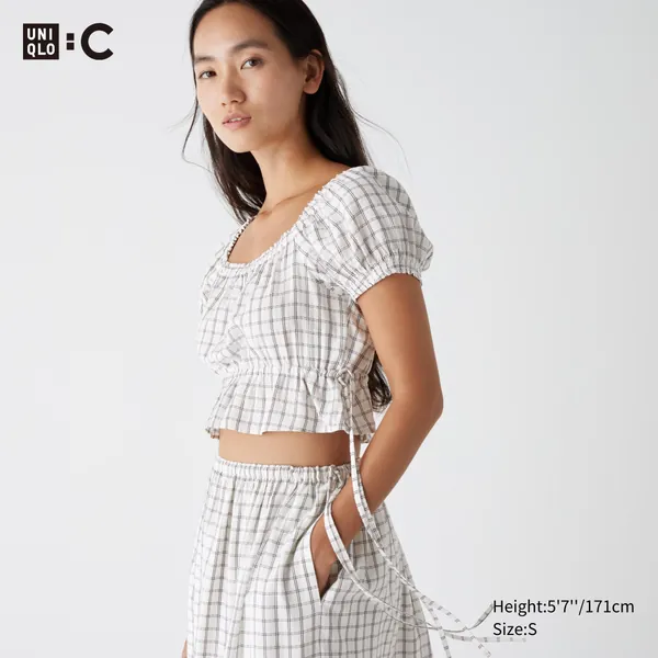 Gather Cropped Checked Short-Sleeve Blouse | UNIQLO US