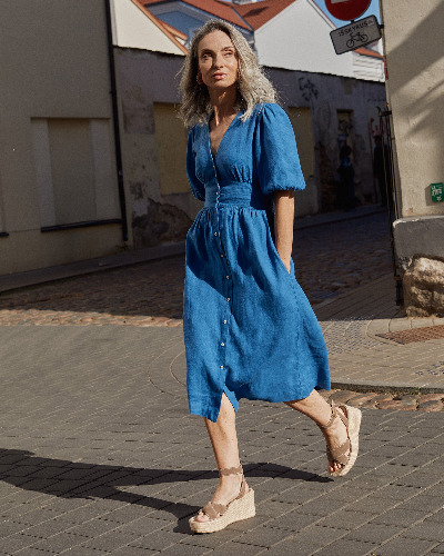 Midi linen dress MODICA in Cobalt blue | L