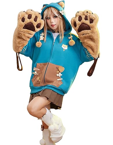 Cosplay.fm Women Pullover Hoodie with Detachable Bag Design Furry Paw Gloves Kawaii Dog Ear Zipper Hoodie Coat - lxl - Blue