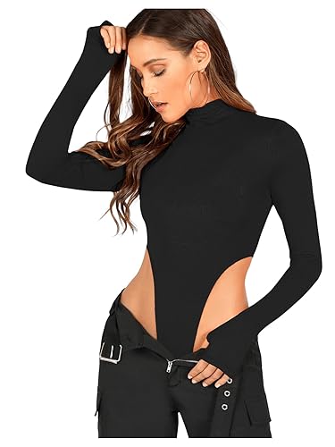 SOLY HUX Women's High Turtle Neck High Cut Long Sleeve Solid Fitted Skinny Bodysuit - Large - Black