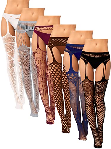 6 Pairs Women Fishnet Thigh High Stockings Tights Suspender Pantyhose Stockings - One Size - White, Grey, Wine Red, Coffee, Navy Blue, Black
