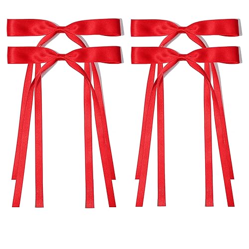 Ayesha Red Hair Bows Clips Coquette Ribbon Bowknot with Long Tail Princess Hair Bows French Barrettes Hair Accessories for Women Girls 4pcs (red) - red