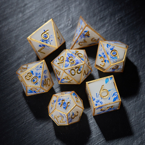 Gold Edged Blue Flower Dice Set