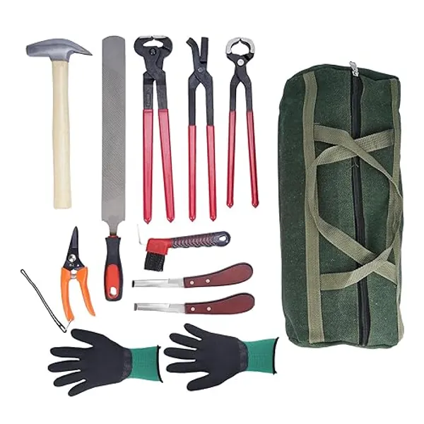 lukar 12PCS Farrier Tools Kit Includes Horse Hoof Nipper, Horseshoe Cutting Pliers, Hoof Nail Clincher, Goat Hoof Trimmers Shear, Hoof Hammer, Hoof Knife, Rasp File, Horseshoe Brush, Handbag, Gloves