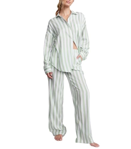 Victoria's Secret Cotton Modal Long Pajama Set, Women's Sleepwear (XS-XXL) - Small - Seasalt Green Stripe