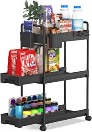 SPACEKEEPER Rolling Storage Cart, Slide Out Bathroom Organizer 3-Tier Laundry Room Organization Shelf Mobile Utility Cart with Hanging Cups, Dividers for Kitchen Bathroom Narrow Spaces, Black - Black 3 tier