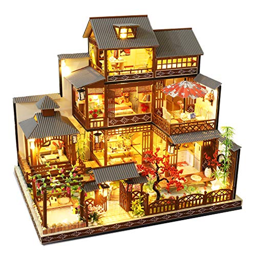 Spilay DIY Dollhouse Miniature with Wooden Furniture,DIY Dollhouse Kit Big Japanese Courtyard Model with LED & Music Box - Yaquan Courtyard P006