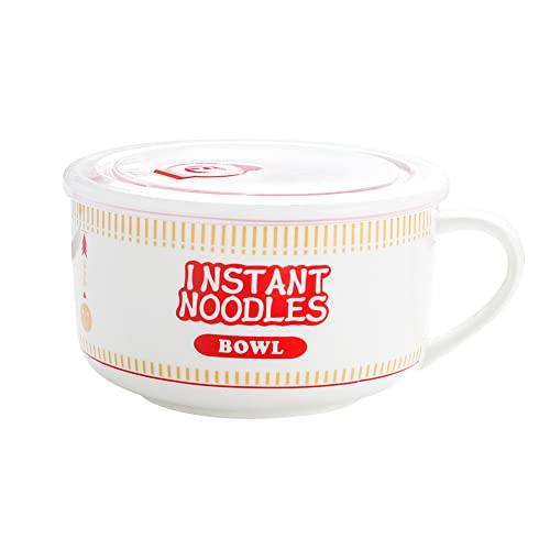 Style Ramen Ceramics Instant Noodle Porridge Bowl with Lid, Microwavable