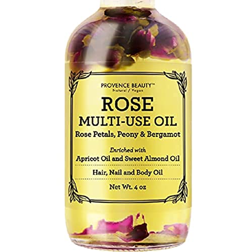 Multi-Use Oil for Face, Body and Hair - Organic Blend of Apricot, Vitamin E and Sweet Almond Oil Moisturizer for Dry Skin, Scalp and Nails - Rose Petals, and Bergamot Essential Oil - 4 Fl Oz - Rose