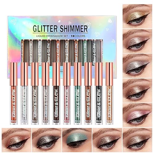 BestLand 10 Colors Liquid Glitter Eyeshadow Set, Metallic Glitter Shimmer Naked Smokey Eye Looks Waterproof Long Lasting Quick-Drying Sparkling Eye Shadow Christmas Makeup Kits - Multicolor