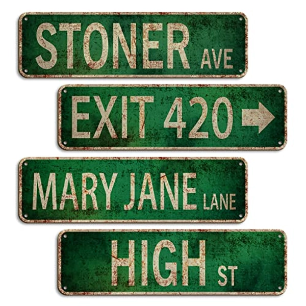 Stoner Avenue Street Sign 4 Signs of Exit 420 /High St /Mary Jane Lane /Stoner Ave, Vintage Rustic Retro Duplex Printing Waterproof Trippy Room Bedroom Decor