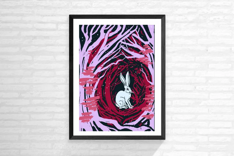 White Rabbit- A5 art print- dark art, occult, witchcraft, hare, pink, rabbit lover gift, watership down, gothic art, pagan art