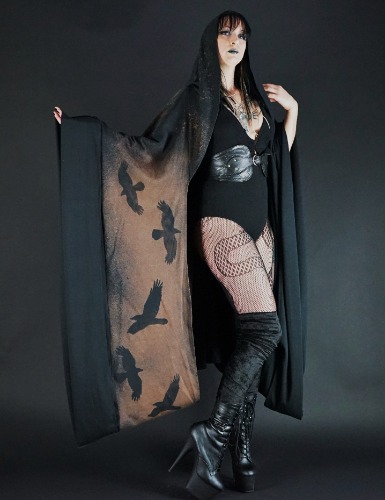 Long Hooded Ritual Robe Crow Bat Moth Fern Print | Bats