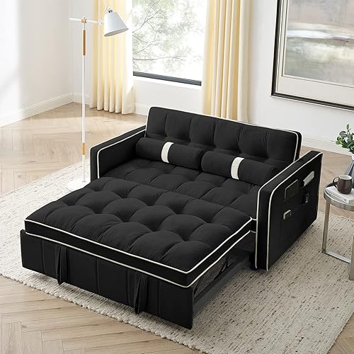 3 in 1 Sleeper Sofa Couch Bed, Small Tufted Velvet Convertible Loveseat Futon Sofa w/Pullout Bed, Adjustable Backrest, Cylinder Pillows for Living Room Apartment, Easy to Assemble, Black, 55.5" - Black