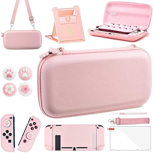 OLDZHU Pink Travel Carrying Case Accessories Kit Compatible With Nintendo Switch - 10 in 1 Essential Protection Kits with Hard Protective Cover,Glass Screen Protector,Adjustable Stand,Thumb Grip Caps - Switch