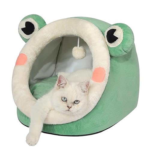 Jiupety Cute Cat Bed, Indoor Lovely Velvet Igloo for Cat and Small Dog, Warm Cave Sleeping Nest Bed for Puppy and Kitten, Green Frog, M - Medium - Green Frog