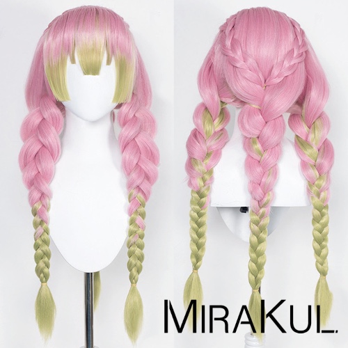 MIRAKUL Mitsuri Kanroji Demon Slayer: Kimetsu no Yaiba Long Pink Green Heat Resistant Hair Authentic Cosplay Costume Wig