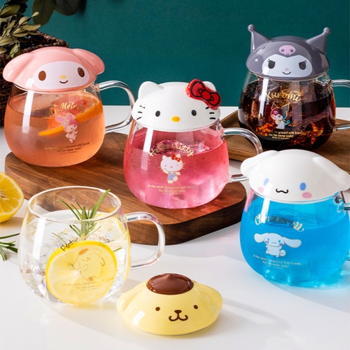 Kawaii Sanrio Hello Kitty My Melody Kuromi Cinnamoroll Cartoon Cold Drink Cup Cute Girly Heart Transparent Tea Cup Water Glass