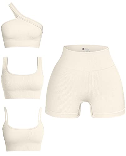 OQQ Women's 4 Piece Outfits Ribbed Seamless Exercise Scoop Neck Sports Bra One Shoulder Tops High Waist Shorts Active Set - Small - Beige