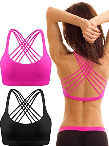 Patelai 2 Pack Womens Padded Sports Bra Cross Back Bra Workout Strappy Yoga Bra - rose red - Small