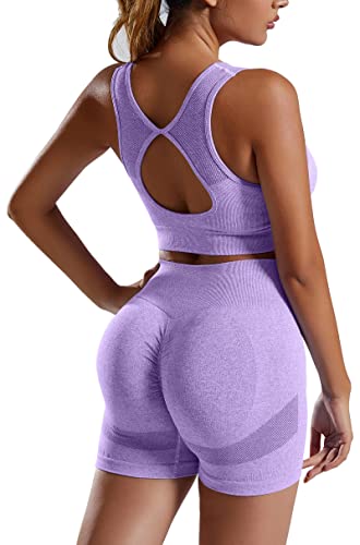 Workout Yoga Outfits for Women 2 Piece Seamless Ribbed High Waist Shorts Womens Tracksuits with Sports Bra Exercise Set - #1 Purple - Small