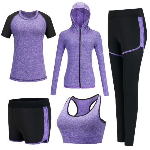 XPINYT 5pcs Workout Outfits for Women Athletic Sets Sport Suits Yoga Gym Fitness Exercise Clothes Jogging Tracksuits - Small Purple