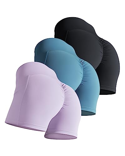 3 Piece Workout Shorts for Women High Waisted Scrunch Biker Shorts Butt Lifting Tummy Control Yoga Gym Shorts with Pockets - Black+Blue+Lilac - Small