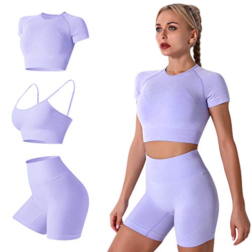 Women's Yoga Outfit Seamless Workout Set High Waist Exercise Shorts Pants with Sport Bra 3PCS Tracksuit Gym Tracksuits - Small - Lilac