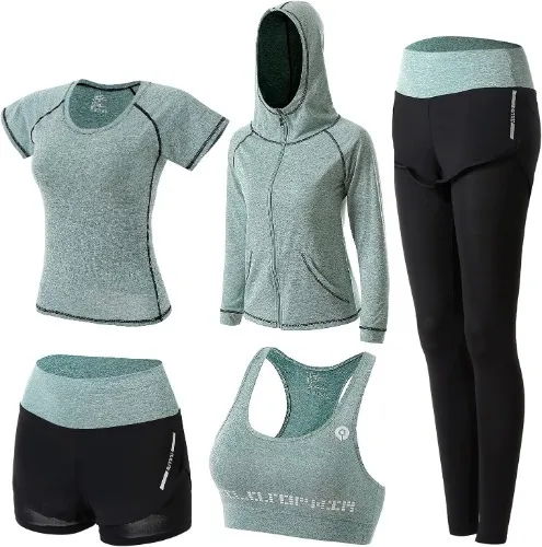 XPINYT 5pcs Workout Outfits for Women Athletic Sets Sport Suits Yoga Gym Fitness Exercise Clothes Jogging Tracksuits - Small Green 03