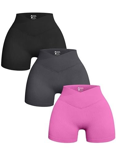OQQ Women's 3 Piece Yoga Shorts Ribbed Seamless Workout High Waist Cross Over Athletic Leggings - Small - Black,grey,rose
