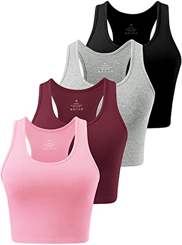 Cosy Pyro 4 Pack Cotton Crop Racerback Tank Tops for Women Basic Workout Crop Tanks Sleeveless Cropped Sport Shirts - Black/Light Gray/Wine/Pink - Small