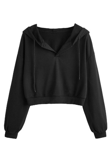 Verdusa Women's Long Sleeve Drop Shoulder Drawstring Crop Hoodie Sweatshirt - Medium Black
