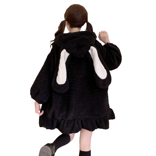 Micjcit Cute Kawaii Bunny Hoodie Jacket Coats for Women Fashion Japanese Fuzzy Fluffy Rabbit Hooded Sweatshirt Outwear - Black2 Medium