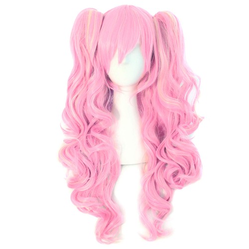 MapofBeauty Multi-color Lolita Long Curly Clip on Ponytails Cosplay Wig (Pink/ Blonde) - Pink/Blonde