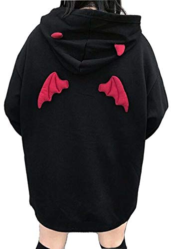 Womens Devil Wings Red Horn Sweatshirt Long Sleeve Hoodie Pullover Hooded Tops - Medium - Black
