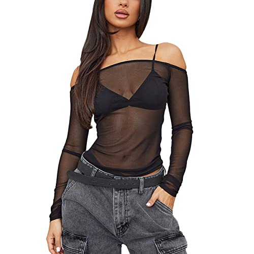 Women's Off Shoulder Tops Y2K Long Sleeve Mesh Sheer Shirt Casual Lace Summer Shirts Tunics Blouse Crop Top Streetwear - F Black - Small