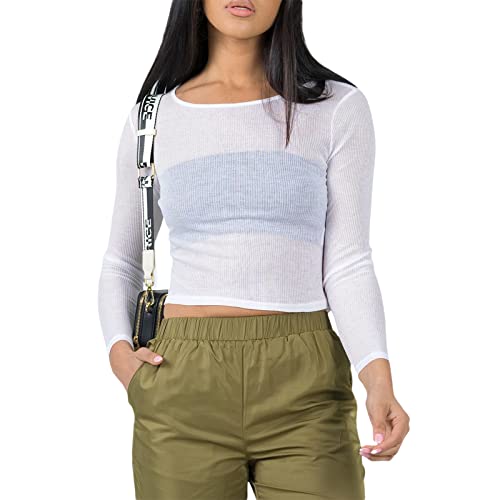 Women's Off Shoulder Tops Y2K Long Sleeve Mesh Sheer Shirt Casual Lace Summer Shirts Tunics Blouse Crop Top Streetwear - E White - Small
