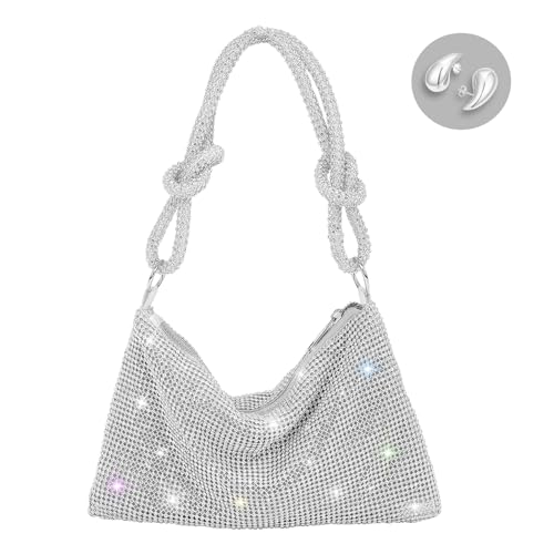 WQU Rhinestone Geldbörse für Frauen Chic Bling Abend Schulter Handtasche Bling Glitter Geldbörse Sparkly Handtasche Shiny Hobo Bag für Party Hochzeit Abendessen - Silber