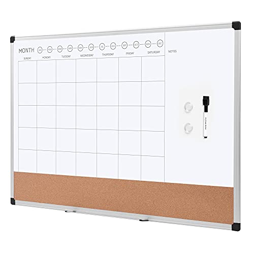 Amazon Basics Monthly Calendar Whiteboard Dry Erase and Cork Board, Silver Aluminium Frame, 24 x 36 Inches, White