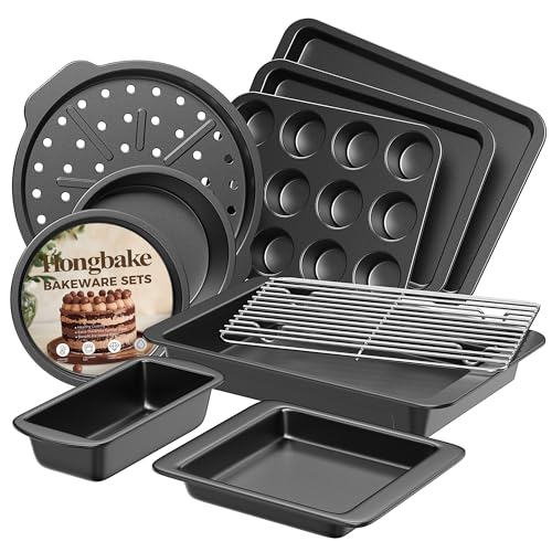 HONGBAKE Bakeware Sets, Baking Pans Set, Nonstick Oven Pan for Kitchen with Wider Grips, 10 Pieces Including Rack, Cookie Sheet, Cake Pans, Loaf Pan, Muffin Pan, Pizza Pan - Grey - Grey - 10 Pieces Set