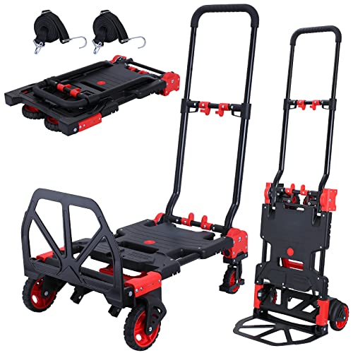 2-in-1 Folding Hand Truck Dolly 330LB Load Carrying,Hand Truck Foldable Dolly with Retractable Handle and 4 Rubber Wheels,Portable Folding Hand Cart for Luggage/Travel/Office - D-red