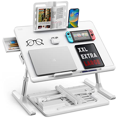 Laptop Bed Tray Table, SAIJI Adjustable Bed Desk for Laptop, Foldable Laptop Stand with Storage Drawer for Eating, Working, Writing, Gaming, Drawing (White, X-Large) - White - 23.6 x 17.7 In
