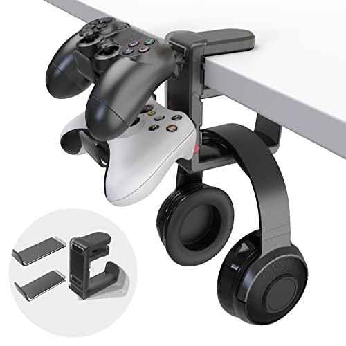 3-in-1 PC Gaming Headphone & Controller Holder - EURPMASK Headphones Hanger w/Adjustable & Rotating Arm Clamp,Headphone Stand Under Desk, Universal Headset Controllers Hook with Cable Organizer-Black - Gaming BK - 1 Unit