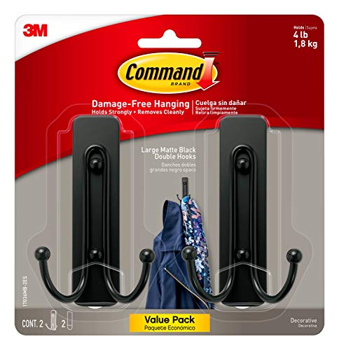 Command Large, Damage Free Hanging Wall Hooks with Adhesive Strips, No Tools Double Wall Hooks for Hanging Decorations in Living Spaces, 2 Black Plastic Hooks and 2 Command Strips - Matte Black - 2 Hooks
