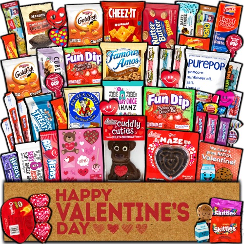 Valentine's Day Care Package (50ct) Snacks Chocolates Candy Gift Box Assortment Variety Bundle Crate Present for Boy Girl Friend Student College Child Husband Wife Boyfriend Girlfriend Love Niece - 50ct