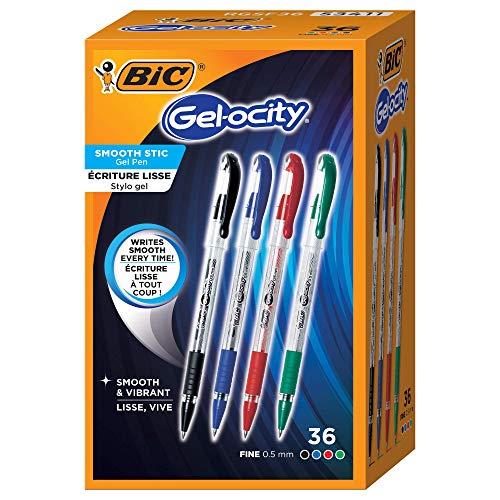 BIC Gel-ocity Smooth Stic Gel Pen, Fine Point (0.5mm), Assorted Colors, 36-Count, Vibrant and Smooth Gel Ink (Pack of 1) - Assorted Business